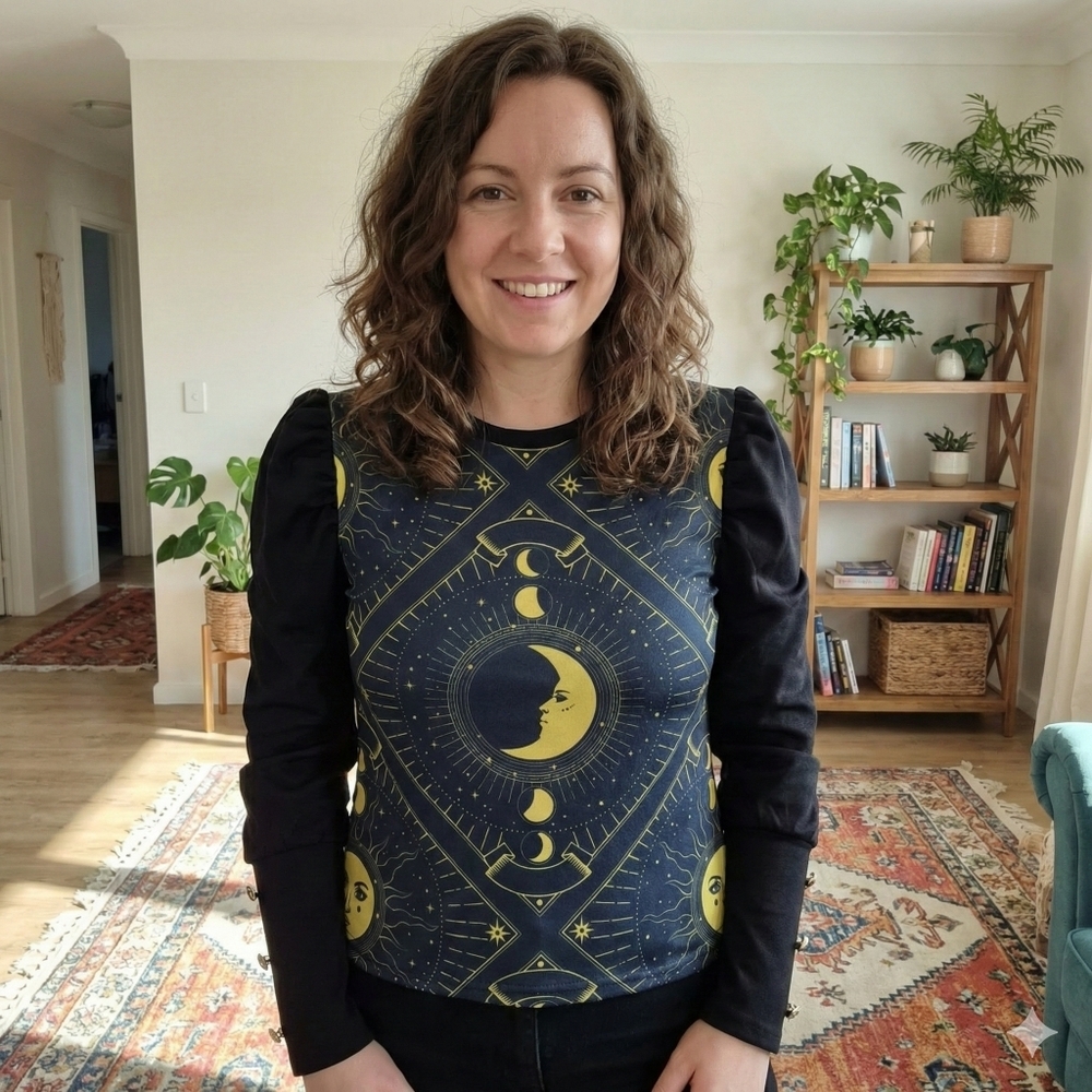 IZURIA Women's Gothic Mystical Celestial Sun & Moon Puff Sleeve Top Size Medium